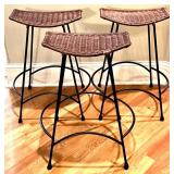Set of 3 Wicker Bar Stools with Metal Frames