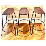 Set of 3 Wicker Bar Stools with Metal Frames