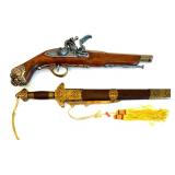 Decorative Vintage Denix Replica Flintlock Pistol and a Scabbard
