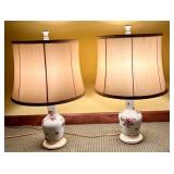 Pair of Floral Ceramic Table Lamps with Tapered Shades