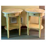 Pair of Yellow Floral Oval Side Tables with Drawers