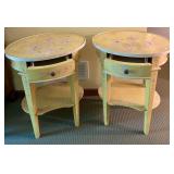 Pair of Yellow Floral Oval Side Tables with Drawers