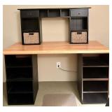 Black Wood Desk with Woven Basket Drawers and Open Shelving