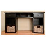 Black Wood Desk with Woven Basket Drawers and Open Shelving