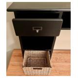 Black Wood Desk with Woven Basket Drawers and Open Shelving