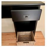Black Wood Desk with Woven Basket Drawers and Open Shelving
