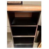 Black Wood Desk with Woven Basket Drawers and Open Shelving