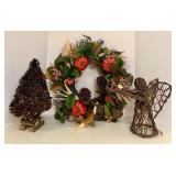Autumn Themed Wreath, Pinecone Tree, and Wicker Angel Decoration Set