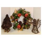 Autumn Themed Wreath, Pinecone Tree, and Wicker Angel Decoration Set