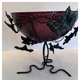 Vintage Amethyst Arthur Court Glass Bowl in Wrought Iron Stand with Grapevine Design