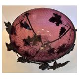 Vintage Amethyst Arthur Court Glass Bowl in Wrought Iron Stand with Grapevine Design