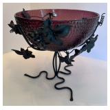 Vintage Amethyst Arthur Court Glass Bowl in Wrought Iron Stand with Grapevine Design