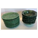 Set of 11 Green Majolica Leaf Pattern Plates and 7 Bowls