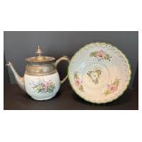 Vintage Manning, Bowman & Co Porcelain Teapot & Bowl with Floral Design by R.C. & C. L Portugal