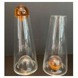 Pair of House Design Modern Art Glass Water Carafes with Amber Accents