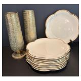 Set of 8 Italian Decorative Plates and 2 Ornate Vintage Solid Brass Vases