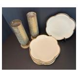 Set of 8 Italian Decorative Plates and 2 Ornate Vintage Solid Brass Vases