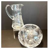 Crystal Pitcher and Rose Bowl Vase Set with Intricate Cut Designs