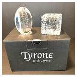 Pair of Tyrone Irish Crystal Baby Letter Block and Football Figurine