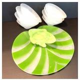 Set of Frosted Small Glass Salad Bowls with Green Glass Platter with Frosty Frog Dish