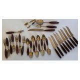 Vintage Bronze Flatware with Rosewood Handles Set - 8 Forks, 8 Spoons, 8 Knives, Serving Pieces