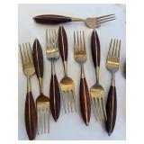 Vintage Bronze Flatware with Rosewood Handles Set - 8 Forks, 8 Spoons, 8 Knives, Serving Pieces