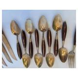 Vintage Bronze Flatware with Rosewood Handles Set - 8 Forks, 8 Spoons, 8 Knives, Serving Pieces