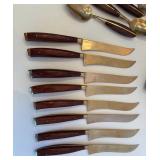 Vintage Bronze Flatware with Rosewood Handles Set - 8 Forks, 8 Spoons, 8 Knives, Serving Pieces