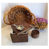 Woven Basket Set with Floral Decor and Ice Bucket with Metal Scoop