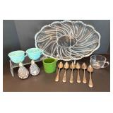 Vintage Glass Platter, ASA Creamer, Floral Teacups, and Silver Grapefruit SpoonsÂ 