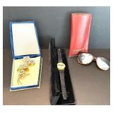 Vintage Floral Brooch, Ringer Watch, and Anne Klein Sunglasses with Case
