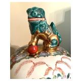 Antique Vintage Chinese Famille Rose Porcelain Lidded Jar with Foo Dog Finial