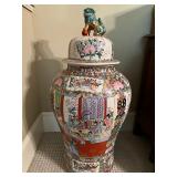 Antique Vintage Chinese Famille Rose Porcelain Lidded Jar with Foo Dog Finial