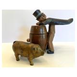 Vintage Italian Anri Carved Wooden Man Barrel Corkscrew and Cast Iron Pig Bank Set