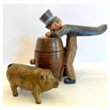 Vintage Italian Anri Carved Wooden Man Barrel Corkscrew and Cast Iron Pig Bank Set