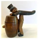 Vintage Italian Anri Carved Wooden Man Barrel Corkscrew and Cast Iron Pig Bank Set