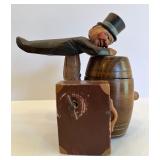 Vintage Italian Anri Carved Wooden Man Barrel Corkscrew and Cast Iron Pig Bank Set