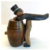 Vintage Italian Anri Carved Wooden Man Barrel Corkscrew and Cast Iron Pig Bank Set