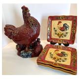 Decorative Capodimonte Rooster Figurine and Set of 4 Rooster Plates