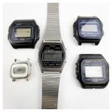 unisex Group of 5  Casio, Seiko, & Tranel Silver Tone Base Metal Digital Watches. Working & Not Working