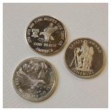 3 ONE OUNCE .999 SILVER BULLION  TAX EXEMPT  UNIQUE VARIETY  INCLUDES SUNSHINE  LOCOMOTION  CENTENNIAL COIN BELGRADE