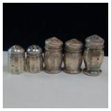 STERLING SILVER SALT AND PEPPER SHAKER COLLECTION  - 5 TOTAL  24 GRAMS STERLING SILVER TOTAL WEIGHT