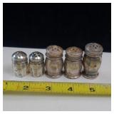 STERLING SILVER SALT AND PEPPER SHAKER COLLECTION  - 5 TOTAL  24 GRAMS STERLING SILVER TOTAL WEIGHT
