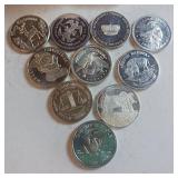 10 TOTAL ONE OUNCE BULLION PYRAMID IN A CASE - .999 SILVER, TAX EXEMPT  SILVER TRADE UNITS  INTERNATIONAL  PEACE ON EARTH 2002  SOUTH DAKOTA  GOLDEN STATE MINT  FDR 1982  1980 LIBERTY LO