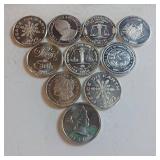 10 TOTAL ONE OUNCE BULLION PYRAMID IN A CASE - .999 SILVER, TAX EXEMPT  SILVER TRADE UNITS  INTERNATIONAL  PEACE ON EARTH 2002  SOUTH DAKOTA  GOLDEN STATE MINT  FDR 1982  1980 LIBERTY LO