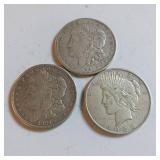 3 coin mixed lot:  2 MORGAN SILVER DOLLARS @ 1921 and a PEACE DOLLAR 1925