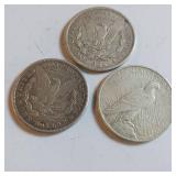 3 coin mixed lot:  2 MORGAN SILVER DOLLARS @ 1921 and a PEACE DOLLAR 1925