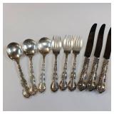 (421 grams total weight) ORNATE STERLING SILVE FLATWARE SET  3 SOLID SPOONS  3 SOLID SILVER FORKS  3 KNIVES WITH SILVER HANDLES/STAINLESS BLADES