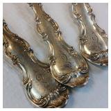 (421 grams total weight) ORNATE STERLING SILVE FLATWARE SET  3 SOLID SPOONS  3 SOLID SILVER FORKS  3 KNIVES WITH SILVER HANDLES/STAINLESS BLADES