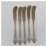 5 SOLID STERLING BUTTER KNIVES  100% STERLING SILVER (NOT STAINLESS BLADES)  120.2 GRAMS TOTAL WEIGHT